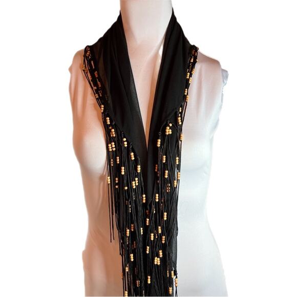 Cejon Black Sheer Wooden Beaded Boho Fashion Fringe Large Scarf Wrap - Picture 1 of 5